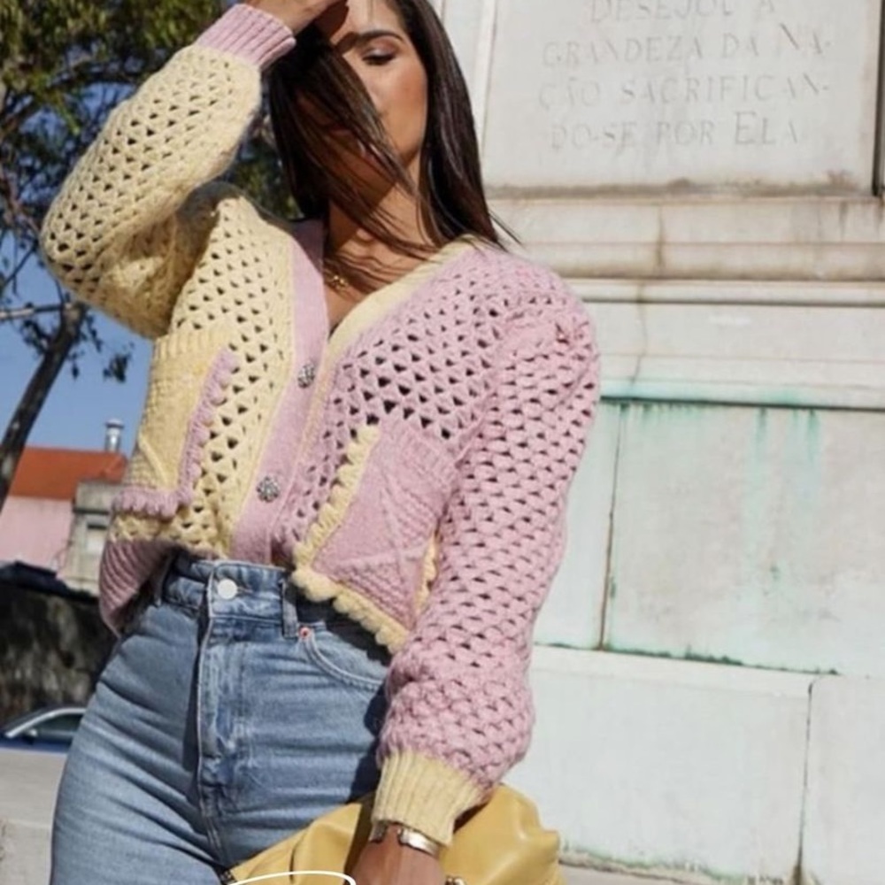 ZARA eyelet chunky knit oversized cardigan with jewel buttons